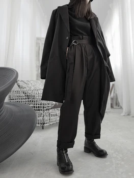 Yamamoto-štýl bežné nohavice tmavo nika dizajnér retro high-v strede zúžený záhybov slim žien malé nohavice