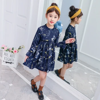 Dievča letné šaty elegantná kvetinová dlhý rukáv šaty dievčatá vestidos 3 4 5 6 7 8 rokov modrá biele enfant šaty flower kórejského