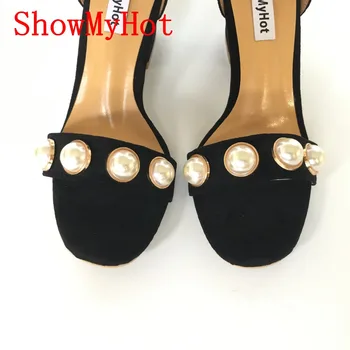 ShowMyHot Ženy dizajn sandále pracky stádo sandále ženy letné módy pearl Hrubé vysoké podpätky Gladiator sandále Sexy Topánky