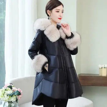 Zimné ženy coats pu kožené sako imitácia fox kožušiny golier ženy nadol bundy teplé ženy parkas vrchné oblečenie