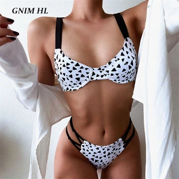 GNIM Lete Triangle Bikini, Plavky Ženy Push Up 2020 Sexy Brazílske Plavky Žena Dva Kusy Geometrie Tlač Bather Nový Oblek