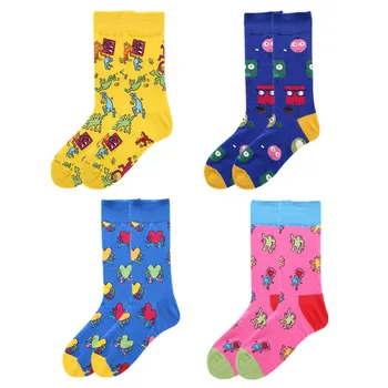 4pairs/veľa Bežné Teplé Mens Ponožky Happy Cartoon Vzory Zábavné kompresné ponožky 2018 Jeseň Zima Nové Farebné Bavlna Mužov Ponožky
