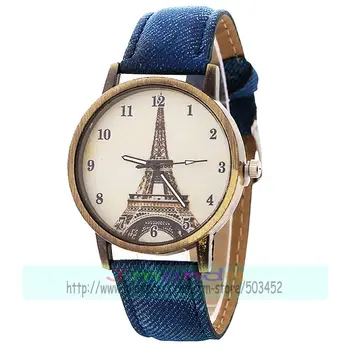 100ks/veľa 918820 Eiffelova Veža Č Logo Jean Kožený Retro Hodinky Bronzovej Farbe Sledovať Zábal Bežné Náramkové hodinky