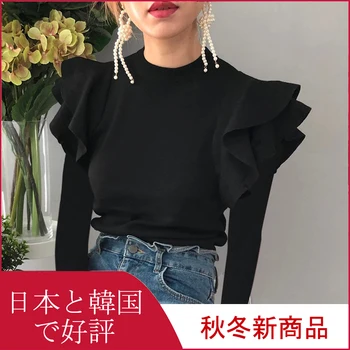 2020 Kórejský Módne Oblečenie Letné Volánikmi Krátky Rukáv Ženy Tričko Pletené Vrchné Tričká Dámske Biele Čierne Slim Elegantné Tričko