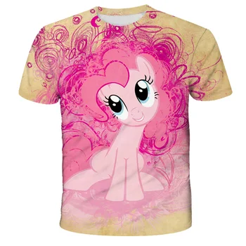 2021 Lete 3d Moje Milé Dievčatá Pony Cartoon Bavlna krátky Rukáv Pruhy T-shirt Jeseň zima Dievča Bežné tričko 4-14 Rokov