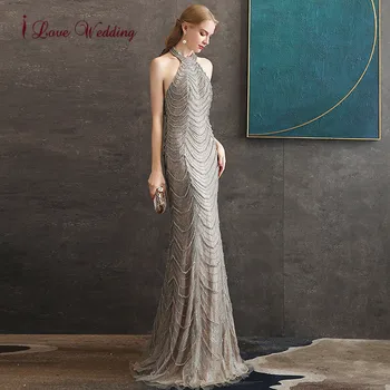 Nové Módne 2020 Formálne Šaty Okolo Diamond Korálkové Bez Rukávov Šampanské Podšívka Šaty Elegantné Trúby Večerné Šaty Dlhé