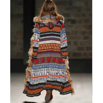 YAMDI Vytlačené FauxFur Bunda s Kapucňou ženy 2020 nové jeseň zima dlho cardigan elegantné outwears boho chic bunda strapec patchwork