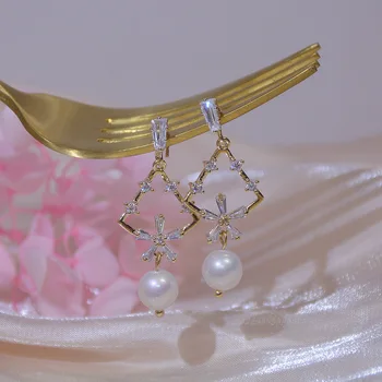 14k reálne pozlátené módne šperky crystal kvet vynikajúce dlhé náušnice pre ženu dovolenku strany elegant pearl náušnice