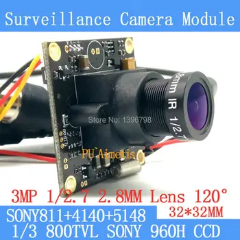 32*32 mm bezpečnostné kamery 800TVL 1/3 Effie CCD Sony 811+4140+5148 CCTV kamery modul,3MP+2.8 mm objektív 120degrees+BNC/OSDCable