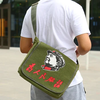Slúži ľudí Čínske znaky plátené tašky predseda Mao Retro Zelená taška cez rameno Červené Gardy Lei Feng študentská taška cez rameno