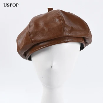 USPOP PU beret klobúk Ženy Berets PU Kožené Spp farbou osemhranné berets