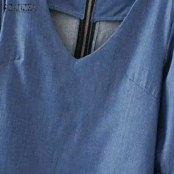 Elegantné Denim Modrá Blúzka Ženy, Topy, Tuniky 2021 ZANZEA Prehrabať Svetlice Dlhý Rukáv Košele Žena V Krku Zips Blusas Plus Veľkosť 5XL