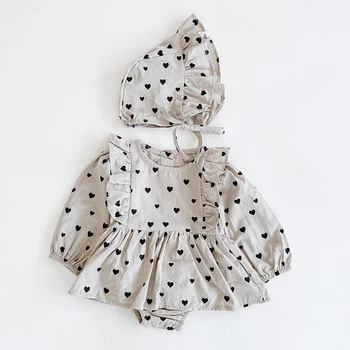 Nové 2020 Jeseň Novorodenca Dievčatá Milujúceho Srdca Kombinézach Oblečenie Baby Zrastov Remienky Pletené Dlhý Rukáv Deti Remienky + Klobúk