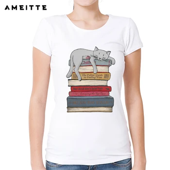 Móda Mačka Spí na Knihy, T-shirt dámske/Dámy Tvorivé Biela Vytlačené T Shirt Lete Lumbálna Žena Krátke Sleeve Tee Topy