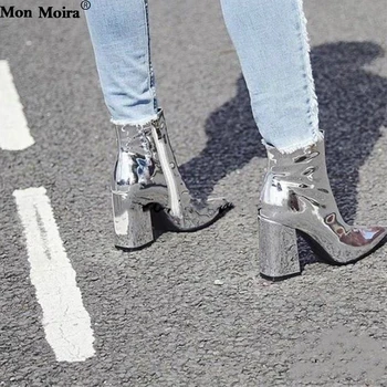 Sexy Ukázal Prst Striebro Ženy Topánky Patent Kožené Členkové Topánky Pre Ženy Krátke Plyšové Martin Topánky Topánky Ženy SWE0208