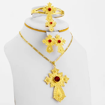 JHplated Nové Etiópskej Kríž Náhrdelníky Náušnice, Prsteň Náramok Šperky sady Zlatá Farba Afriky Eritrejsko Svadobné Dary