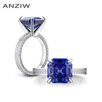 ANZIW 6 Carat Asscher Rez Solitaire Modré Krúžky Vytvorené Tanzanite Drahokam Zapojenie Svadobné Mincový Striebro Šperky Krúžok