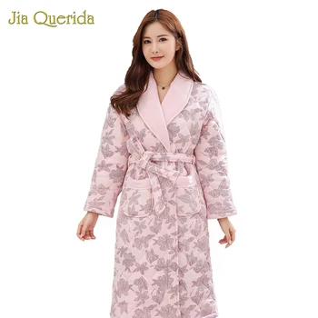 Nová Žena Župan Plus Veľkosť Oblečenie Housecoat Zimné Hrubé Bavlna Ružová Župane Kvetinový Tlač Belted 3 Vrstvy Bavlny Kimono