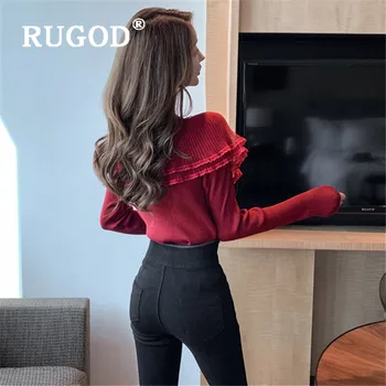 RUGOD tvaru Topy Ženy Oka Lotus Golier Pevné Elegantný Top Ladies kórejské Oblečenie, Tričko s Dlhým Rukávom Ženy 2019 Slim Fit