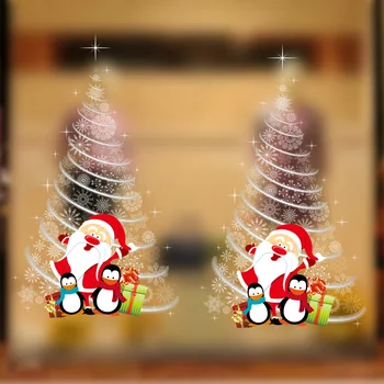 Kreatívne Vianočný Stromček Samolepky Na Stenu Obchod Okenného Skla Dverí Dekorácie Cartoon Santa Claus Penguin Vymeniteľné Vinylové Nálepky