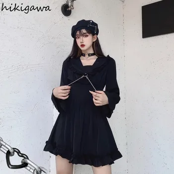 Hikigawa Harajuku Šaty pre Ženy Japanses 2021 Módne Volánikmi Vestido Mujer Dlhý Rukáv Voľné Black Reťazca Plus Veľkosť Šaty