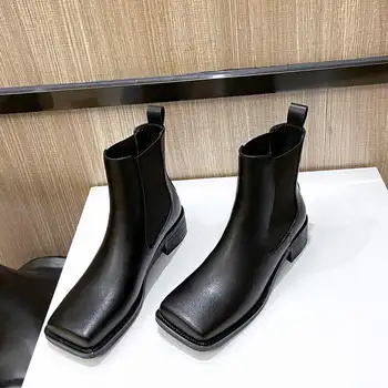 Krazing Hrniec 2020 hrubé hovädzie kože nízkom podpätku štvorcové prst high street fashion udržať v teple Európskeho dizajnu kórejskej lenivý členková obuv L27