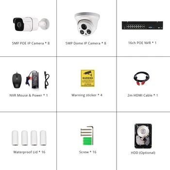16ch 5MP Audio Súpravy, POE 8ch krytý+8ch vonkajší Systém CCTV Bezpečnostné NVR Vodotesný IP Kamera Dohľad, Alarm, Video Záznam