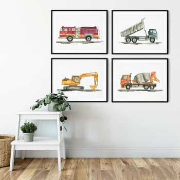 Konštrukcia Vozidla Akvarel Chlapci Wall Art Plátno Maľovať Obrázky Dump Truck Bager Plagáty A Vytlačí Detská Izba Decor