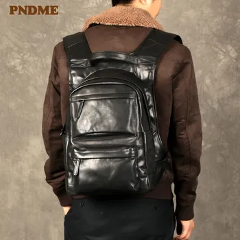 PNDME módne bežné pravej kože mužov a žien batoh návrhár luxusných skutočné cowhide teens cestovné práce čierny notebook bagpack