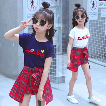 Letné Dievčenské Oblečenie Set sa Dieťa Letné Oblečenie Dievčatá Boutique Oblečenie T-shirt + Kockované Sukni 2 do 15 Rokov