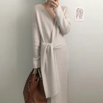WAVSIYIER vintage šaty, sveter pevný biely šedý pás vzletovej strany klubu jumper šaty midi žena kórejský hrubé pletené pulóvre ve