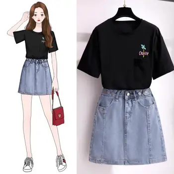 ICHOIX mini sukne nastaviť kórejský štýl ženy 2 dielna sada dievča študent bežné Sladké 2 kus oblečenia t-shirt + jean sukne set 2ks