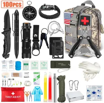 Tiesňové Survival Kit 100 v 1. Profesionálny Prežitie Výstroj na Lov Nástroj Prvá Pomoc Kit SOS s Molle Puzdro pre Kempovanie Dobrodružstvo