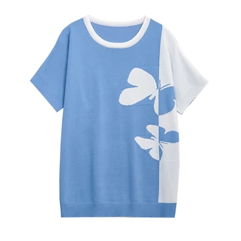 Plus Veľkosť Oblečenie, Pletené Tričko Ženy 2020 Jar Leto Krátky Rukáv T Košele Nadrozmerná Móde Voľné Kvetinový Grafické Knitwear