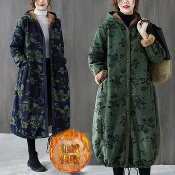 Veľká Veľkosť Bavlnená Posteľná Bielizeň Zimné Oblečenie 2020 Ženy Retro Etnických Vytlačené Hrubý Kabát Voľné Velvet Teplej Polovici Dĺžky Fleece Bunda Y605