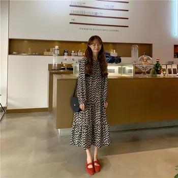 Ženy Šaty 2020 Jar Leto Kórejský Módne Ročník Tlače Šifón Midi Dámske Elegantné Voľné Oblečenie