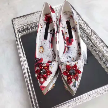 VIISENANTIN lady letné kvetina tlače šaty topánky retro pošmyknúť na namieril prst crystal gem dekor vysokým podpätkom strany svadobné topánky