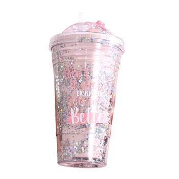 Kávové Hrnčeky Tvorivé Sequin Star BPA Free Plastová Fľaša na Vodu S Slamy Cestovné Prenosné Čaj Mlieko Izolované Pohár Drinkware 420ML