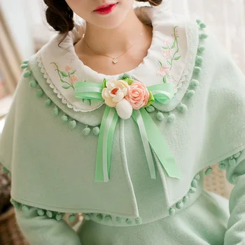 Princezná sladké lolita zelená cotten šaty Candy dážď Kvetinový ornament A-line Falošný dva kusy Výšivky Japonský dizajn C16CD6179