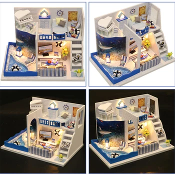Miniatúrne Roombox DIY domček pre bábiky S Furnitures Drevený Dom Zvuk Mora Mini Dom Hračky Pre Deti Narodeninám