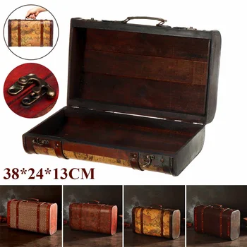 Vintage?Drevený box Európskej kufor box Darček drevené šperky box veľký zakka Úložný Box mapu hnedé Kožené