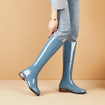 VANKARING značky lakovanej kože kolená vysoké topánky pre ženy platformu dážď topánky s nízkym podpätkom všetky uzavreté na koni zimné čižmy ženy