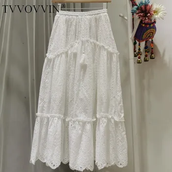 TVVOVVIN Biela kórejský Štýl, Elegantné Pevné Sladké Výšivky Vysoký Pás Sukne francúzsky Bavlna Riadok Členok Dĺžka Sukne Dámske T3IQ