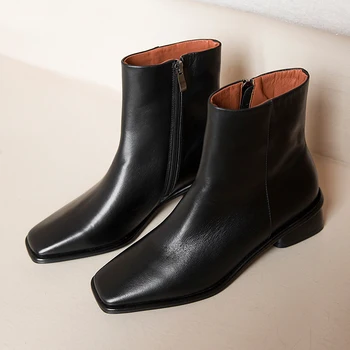 2020 Jeseň Nové Chelsea Boots Štvorcové Prst Zip Topánky Ženy Pravej Kože Námestie Päty Zime Krátke Plyšové Členkové Topánky Veľkosť 34-42