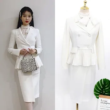 Kpop IE Lee Ji Eun 2021 lete nové biele elegantné Šifón tričko top ženy slim bunda, kabát a Kolená-dĺžka sukne márie office set