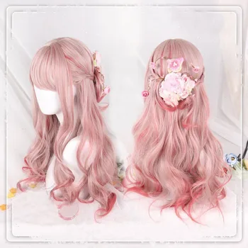 65 cm Lolita Parochňu Syntetické Harajuku Sladké Roztomilý Ružový Gradient Syntetické Farby žiaruvzdorné Dlhé Vlasy pre Dospelých Dievča Nastaviteľné