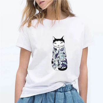 Umenie Mačka Tlače, T Košele Ženy Vtipné Karikatúry Grafiky, Čaj Ženský Biela Nadrozmerná T Shirt Ullzang Roztomilý 90. rokov kórejský Tričko Top Ženy