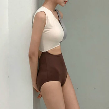 Ženy Bikini Nastaviť Módne Retro Kórejský Štýl Femme Jednodielne Plavky Vysoký Pás Sexy Zips Duté Z Pláž Nosiť Nové Plavky
