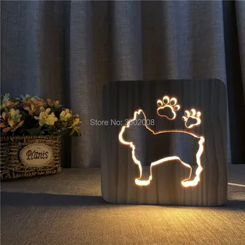 Francúzsky Buldog 3D LED drevené Noc 7 Farieb USB Hologram dreva Dekor Lampa Tabuľka Stôl