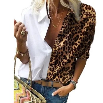 Jeseň 2020 nové módne dámske dlhý rukáv leopard tričko šitie tlačidlo cardigan tvaru Klope žien bežné šifón tričko